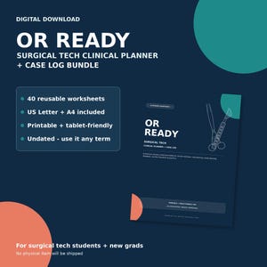 Op de afbeelding: Een digitale download OR READY Surgical Tech Clinical Planner and Case Log met 40 herbruikbare werkbladen. Inclusief US Letter en A4 formaten, printbaar en tablet-vriendelijk, met ongedateerde pagina's voor chirurgisch-technische studenten.