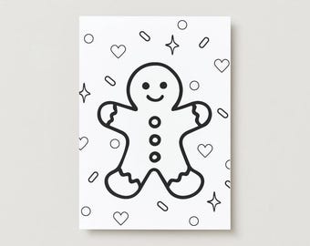 May include: A black and white illustration of a gingerbread man on a white background. The gingerbread man has a smiling face and is surrounded by hearts, stars, and other shapes. The image is a coloring page.
