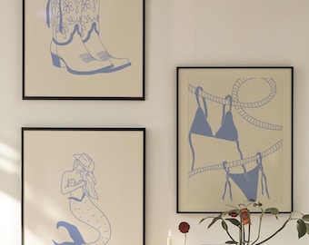 Coastal Cowgirl Art Prints, Blue Cowboy Boots, Mermaid (Digital Download)