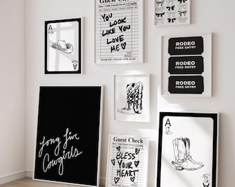 May include: A gallery wall arrangement featuring framed art prints with a Western theme. Prints include playing cards, cowboy boots, rodeo tickets, and guest check designs with handwritten text. The color palette is primarily black and white.