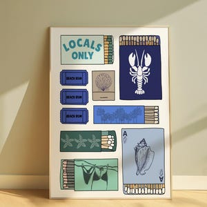 Coastal Matchbox Wall Art, Coastal Matchbox Print, Preppy Summer Wall Art, Blue Hand Drawn Matchbook Collage, Preppy Coastal Aesthetic