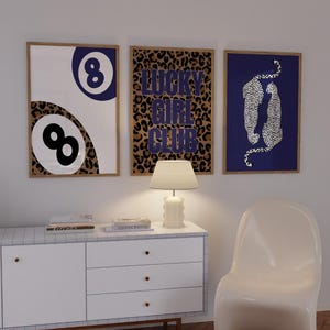 Navy Trio Wall Set Wall Art Prints 8 Ball Lucky Leopard Cheetah Print Trendy Preppy Home Decor Animal Print Poster Girly Apartment Decor