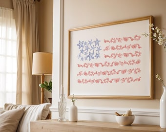 Coastal American Flag Print: Starfish & Crustacean USA Wall Art (Digital Download)