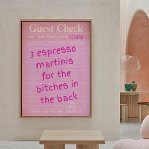 Trendy Guest Check Funny Espresso Martini Funny Quote College Dorm Aesthetic Poster Funny Guest check print Bar cart poster Pink aesthetic