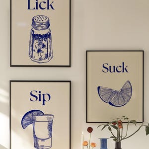 Lick suck sip tequila shot wall art set, Funny tequila instruction art print trio,Minimalist tequila shot steps poster set,Bar Cart Wall Art