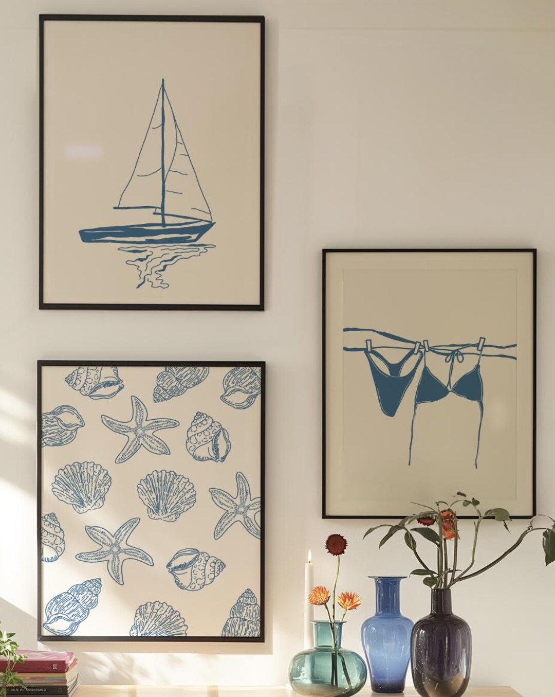 Coastal Wall Art Set: Blue Sailboat, Bikini, Seashell Prints (digital ...