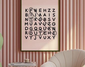 Puede incluir: Un rompecabezas de búsqueda de palabras enmarcado con la palabra "ROUTE" circulada en negro. El rompecabezas está sobre un fondo rosa claro con letras negras. El marco es verde oscuro. El fondo es una pared rosa con rayas verticales.