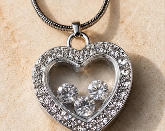 Heart Necklace | Floating Crystal Pendant | Silver Tone Rhinestone Necklace