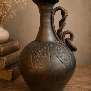 Vintage Hungarian Black Pottery Water Jug | Vintage Folk Art Ceramic Vase