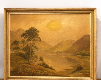 Vintage olieverfschilderij van W. Dexter uit 1955, landschap met bergmeer, ingelijst op canvas.
