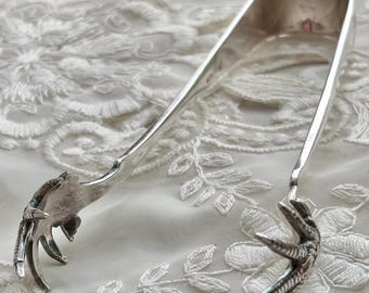 Pinzas de plata antigua con forma de garra de pájaro / Estilo victoriano / Pinzas para helado de azúcar EPNS