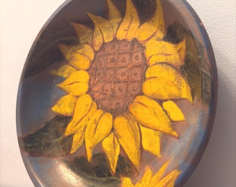 Hand-Painted Terracotta Sunflower Bowl | Vintage Folk Art Pottery Centerpiece
