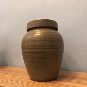 May include: A handmade ceramic jar with a lid. The jar is a muted brown colour with horizontal striations and a slightly textured surface. The lid fits snugly on top. The jar is sitting on a wooden shelf.
