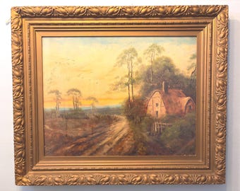 Large Antique Original Signed Oil Painting In Ornate Gold Frame Depicting A Countryside Landscape | Framed Farmhouse Wall Decor