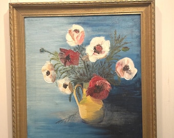 Vintage Signed Floral Oil Painting | Poppies in Ornate Gold Frame