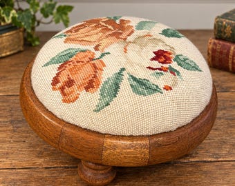 Antique Victorian Footstool | Walnut Parquetry | Floral Needlepoint