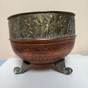 Antique Copper & Brass Embossed Planter/Decorative Bowl With Cherubs/Figures on Tripod Feet