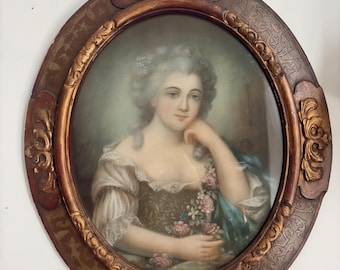 Antique 18th Century French Pastel Portrait | Original Rococo Lady Painting | Ornate Oval Gilt Frame