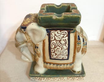 Vintage Ceramic Elephant Ashtray | Hand-Painted Boho Decor