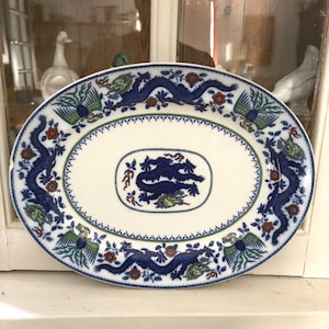 Antique Hand Painted Minton Chinese Dragon & Bird Meat Platter | Victorian Oriental Style Serving Dish | Antique Dinnerware