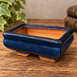 May include: A rectangular bonsai pot with a deep blue, speckled glazed exterior and a smooth, unglazed terracotta interior. The vessel features a thick, rounded rim and is supported by four small, sturdy, unglazed feet at the base.
