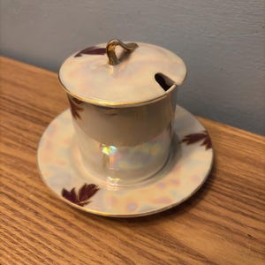 May include: A pearlescent white ceramic sugar bowl with a lid and a matching saucer. The bowl and saucer have a gold trim and a dark red leaf design. The lid has a small handle and a slot for a spoon.