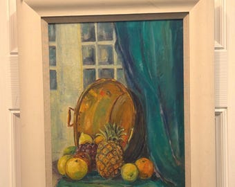 Cuadro al óleo vintage enmarcado de naturaleza muerta / Escena de olla de cobre con frutas / Arte para la cocina
