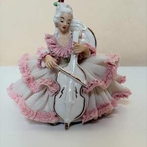 Rare German Dresden Lace Porcelain Alka Kunst Cello Player - Wonderful Condition