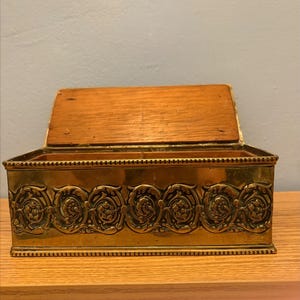 Rare Antique Edwardian Brass & Wood Jewelry Box with Ornate Floral Design - Vintage Keepsake Trinket Box