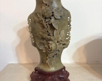 Vintage Chinese Soapstone Floral Vase with Wood Stand - Chinoiserie Decor