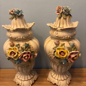 Pair Of Vintage Large Capodimonte Floral Porcelain Vases - Both 40cm High - Vintage Italian Porcelain, Floral Urns, Hand-Painted Flowers