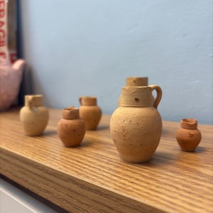 Puede incluir: Una colección de pequeñas macetas de terracota hechas a mano, con diferentes formas y tamaños. Las macetas están dispuestas sobre una superficie de madera, mostrando sus tonos rústicos y terrosos. La colección incluye jarras y jarrones en miniatura.