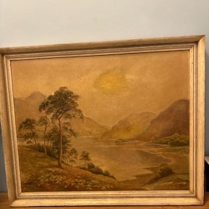 Vintage W. Dexter 1955 Landscape Oil Painting - Framed Lake & Mountain Scene