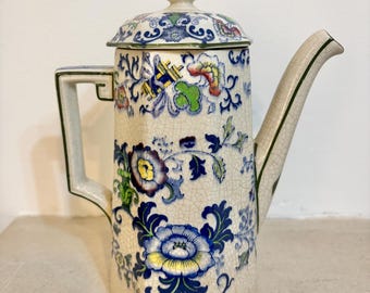 Jarra antigua de agua caliente Royal Doulton Nankin / Estilo chinoiserie de 1911 / Jarra hexagonal