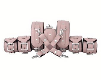 Leather Cuffs Set, Padded Restraints, Ankle, Wrist, Thigh Cuffs, Collar With Hogtie