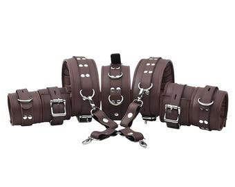 Leather Cuffs Set, Padded Restraints, Ankle, Wrist, Thigh Cuffs, Collar With Hogtie