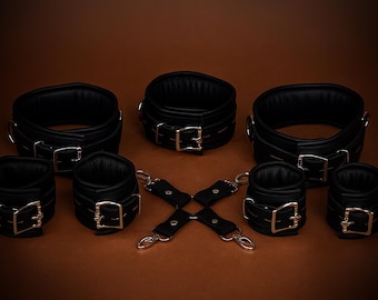 Leather Restraint Cuffs 7 pcs with Hogtie