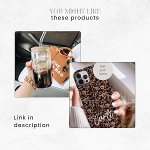 May include: A clear glass tumbler with a bamboo lid and a straw, filled with a dark liquid, and the words "liquid therapy" in script. A phone case with a leopard print design and the name "Carli" in script. The text "YOU MIGHT LIKE these products" is also visible.