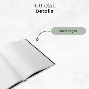 May include: Open journal with lined pages, the text "JOURNAL Details" is at the top. The pages are white with gray lines. A curved arrow points to a green rectangle with the text "lined pages".