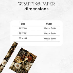 May include: Wrapping paper dimensions are listed, including sizes 29" x 20", 29" x 72", and 29" x 144". The paper options are matte and satin. A roll and a wrapped gift with floral designs are shown.