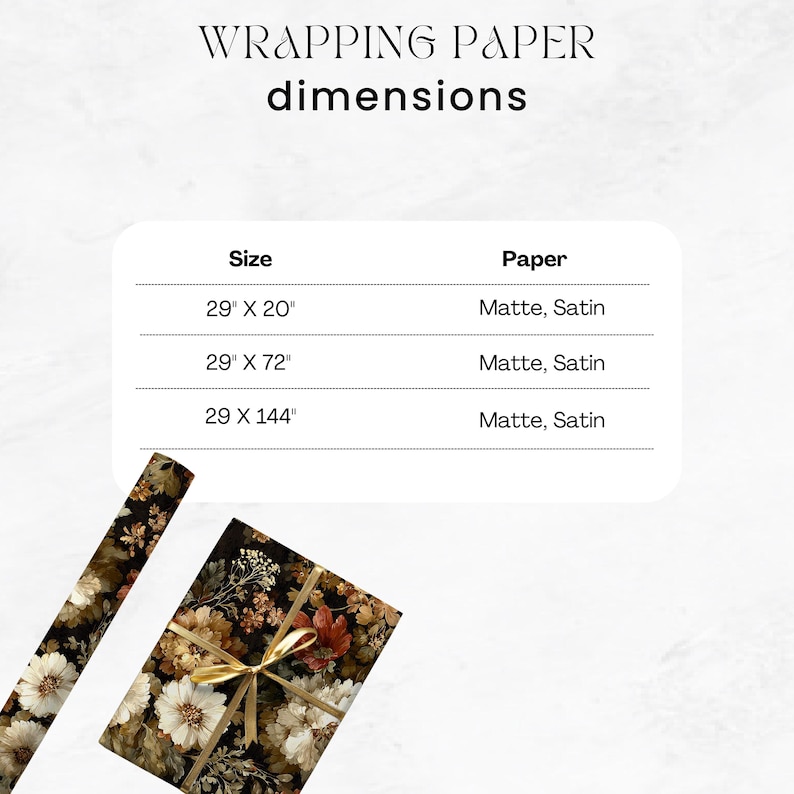 May include: Wrapping paper dimensions are listed, including sizes 29" x 20", 29" x 72", and 29" x 144". The paper options are matte and satin. A roll and a wrapped gift with floral designs are shown.