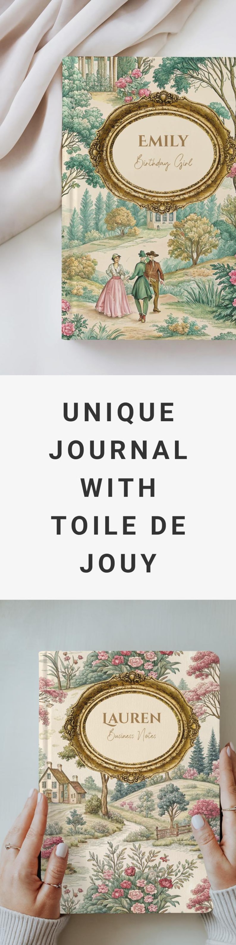 May include: A journal with a Toile de Jouy design. The cover features a vintage illustration with a gold frame and the text "Emily Birthday Girl". The journal is held by a person.