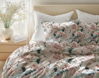 Floral Cotton Duvet Cover Queen Pink Japanese Crane Artistic King Size Bed Cover Cozy Bedroom Decor For Teen Bedding For Women Home Gift