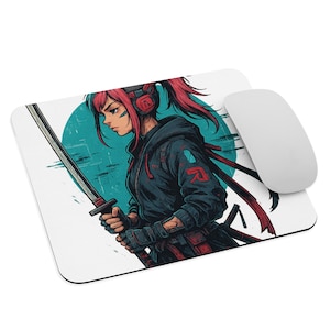 Cyberpunk Samurai Girl Mouse Pad | Anime Desk Mat | Kawaii Tech Warrior Aesthetic | Gamer Gift | Otaku Office Decor