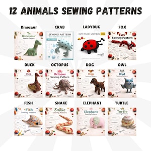 12 pluche dierenspeelgoed naaipatroon, hond olifant vos uil krab gevuld naaipatroon beginner, 12 inch, pdf