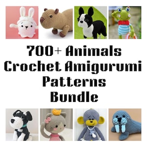 May include: A collection of crochet amigurumi animals, including a bunny, capybara, dog, frog, husky, cat, monkey, and walrus. The image also features the text "700+ Animals Crochet Amigurumi Patterns Bundle."