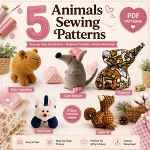 Lot de 5 patrons de couture d'animaux : éléphant, souris, chat, capybara, peluches.