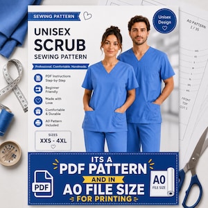 Unisex Men Women Scrub Sewing Pattern PDF, Nurse Uniform Scrub Top, Size XXS-4XL