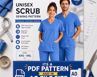 May include: A digital sewing pattern for unisex scrubs, featuring a blue V-neck top and matching pants. The cover displays the text Unisex Scrub Sewing Pattern, sizes XXS-4XL, and PDF and A0 file formats. Includes icons for instructions and sizing.