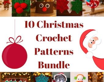 May include: A collection of crochet Christmas ornaments and patterns. The image features a variety of handmade items, including a gingerbread man, holly, a reindeer basket, star-shaped ornaments, and a Santa Claus graphic. Text reads "10 Christmas Crochet Patterns Bundle."